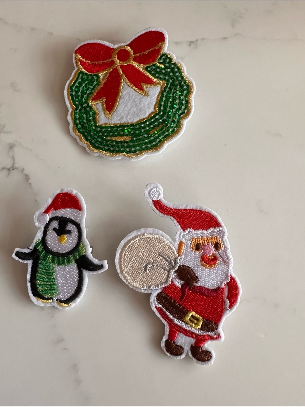 Holiday Embroidered Santa, Penguin & Wreath Patch Set
